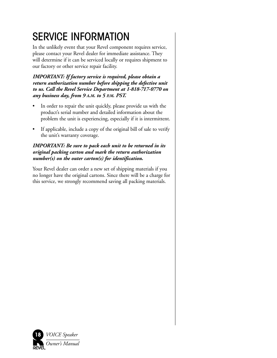 Service information | Revel Voice User Manual | Page 18 / 19