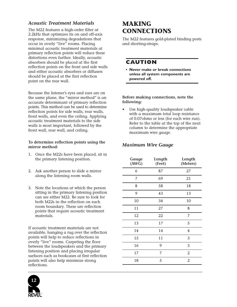 Making connections, Caution | Revel M22 User Manual | Page 12 / 20