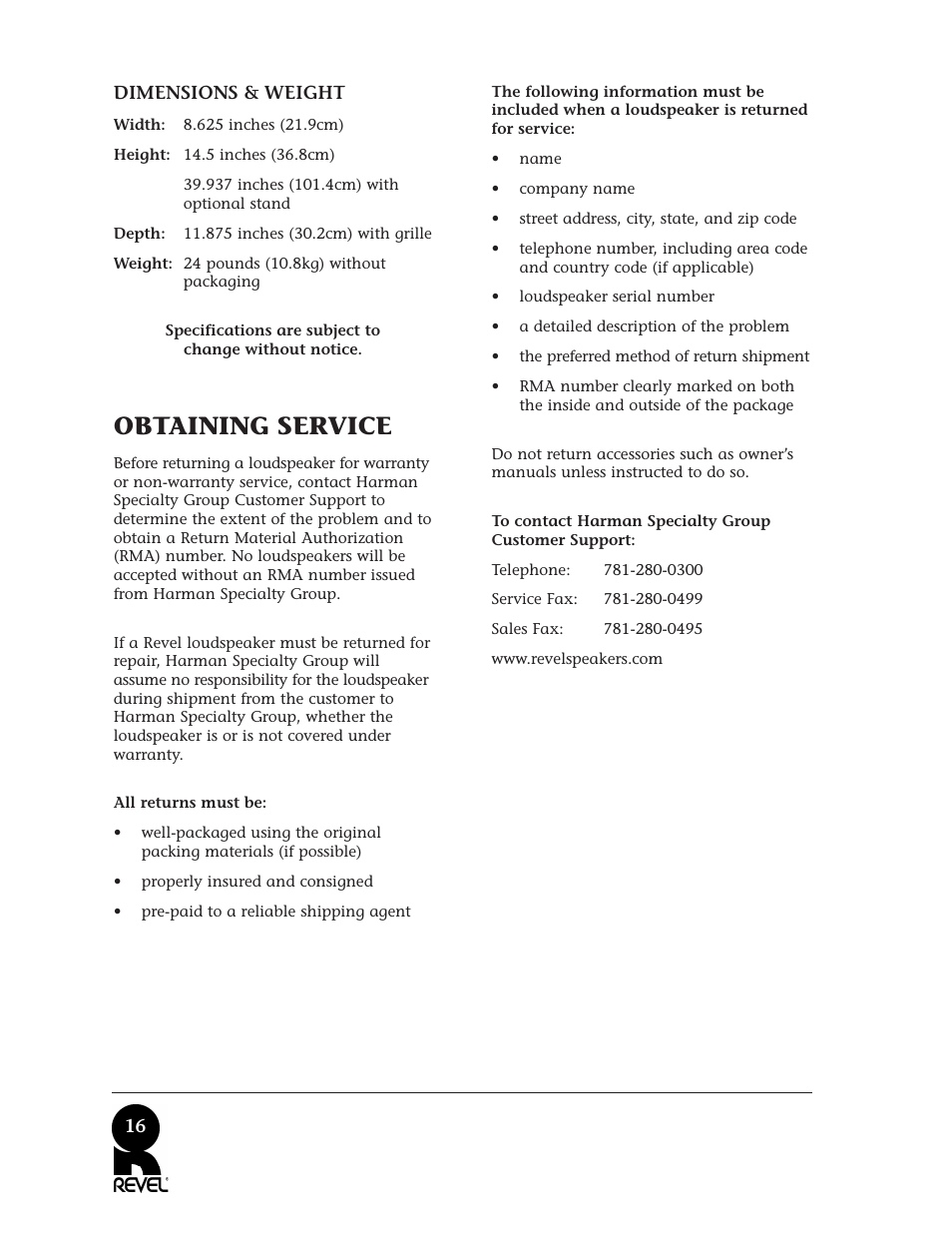 Obtaining service | Revel M22 User Manual | Page 16 / 20