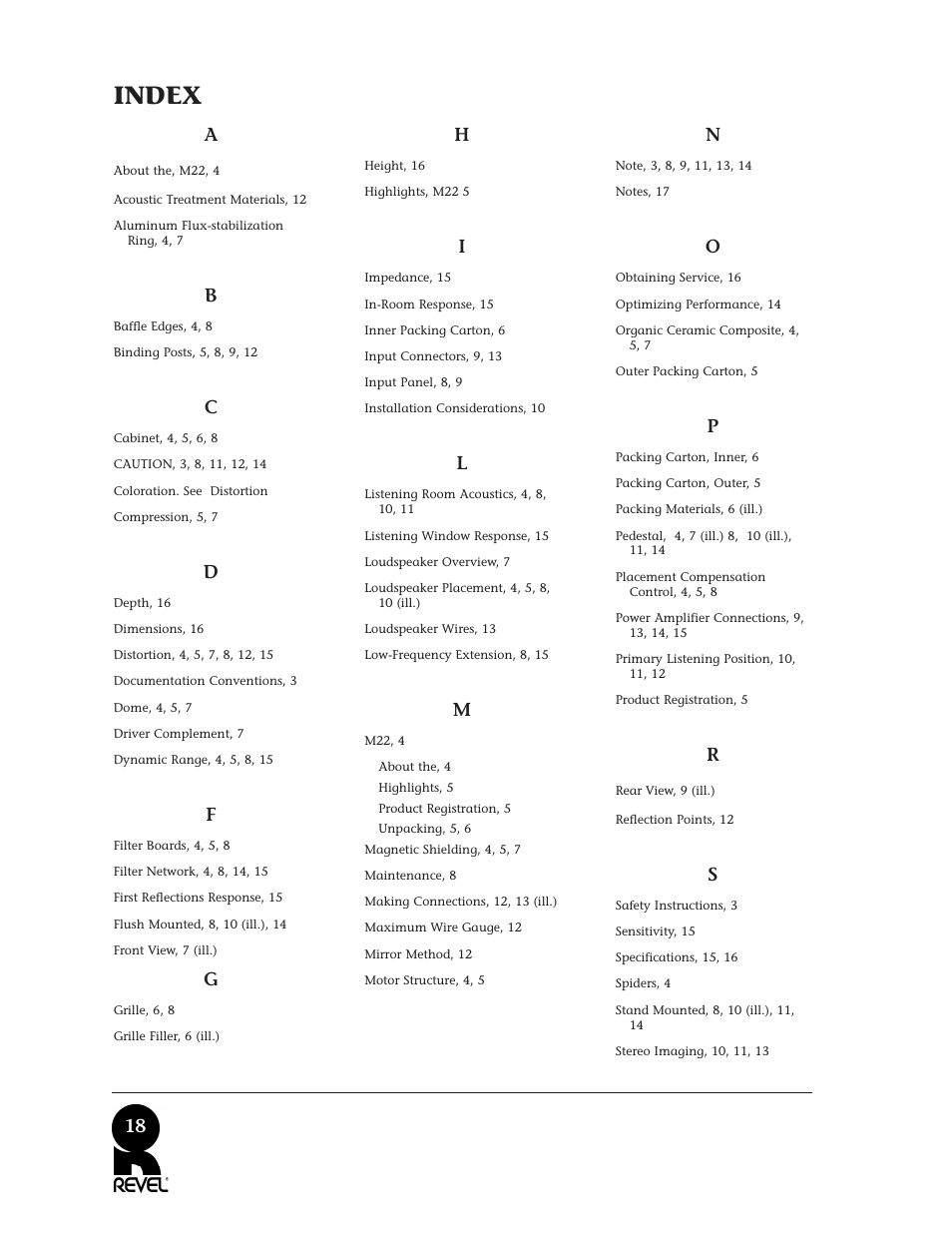 Index, 18 a | Revel M22 User Manual | Page 18 / 20