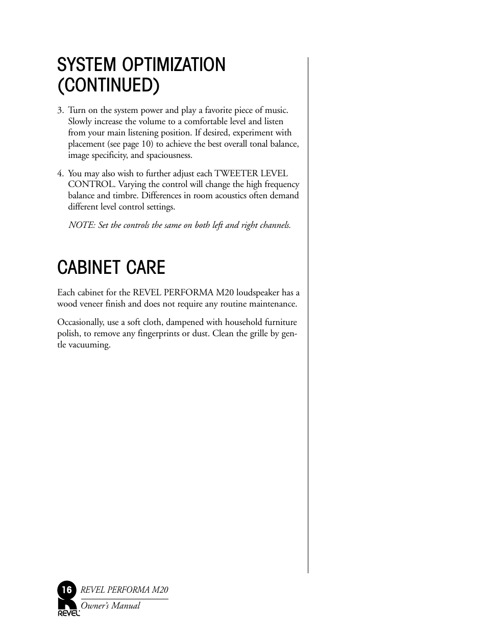 System optimization (continued), Cabinet care | Revel M20 User Manual | Page 16 / 20