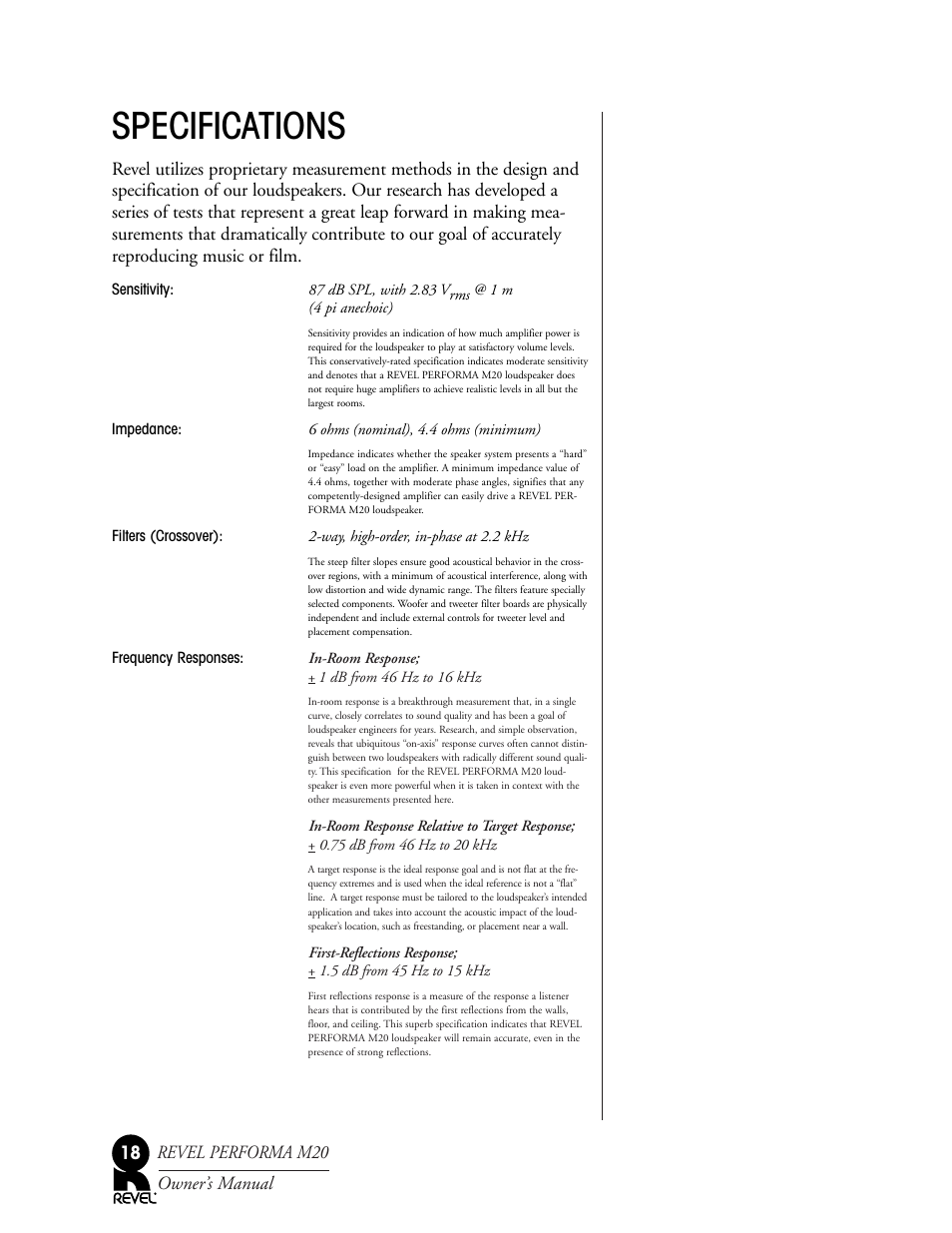 Specifications | Revel M20 User Manual | Page 18 / 20
