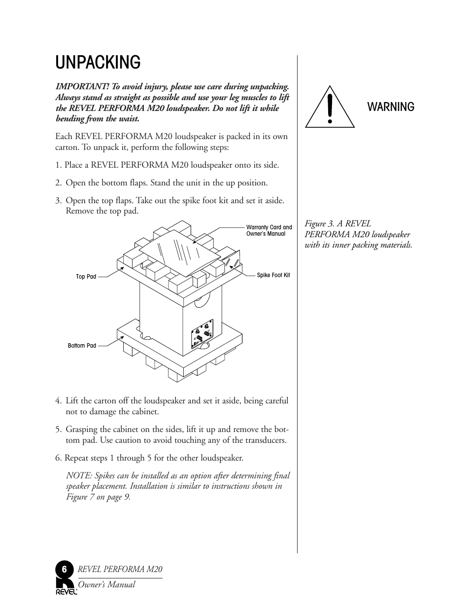 Unpacking, Warning | Revel M20 User Manual | Page 6 / 20