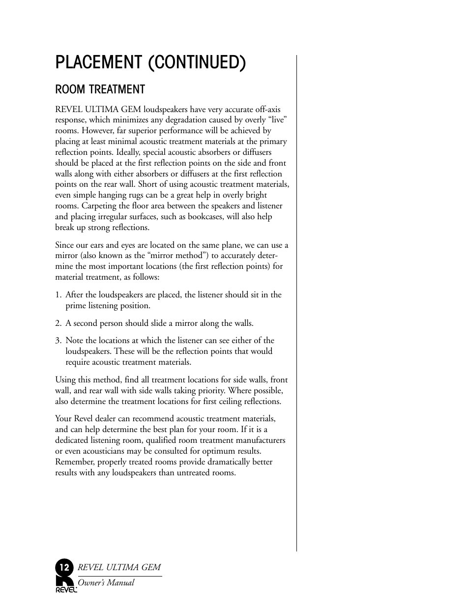 Placement (continued), Room treatment | Revel Gem User Manual | Page 12 / 24