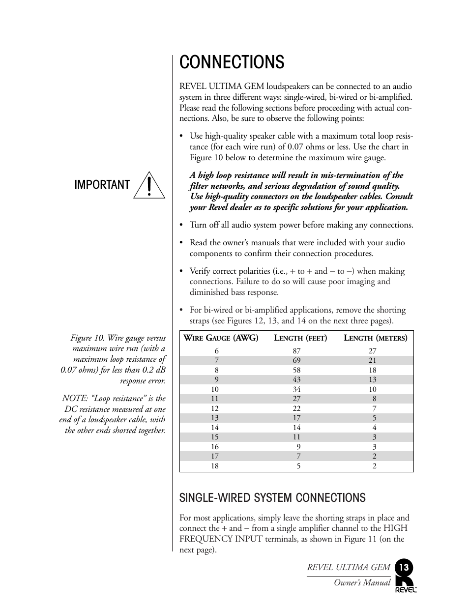 Connections, Single-wired system connections, Important | Revel Gem User Manual | Page 13 / 24