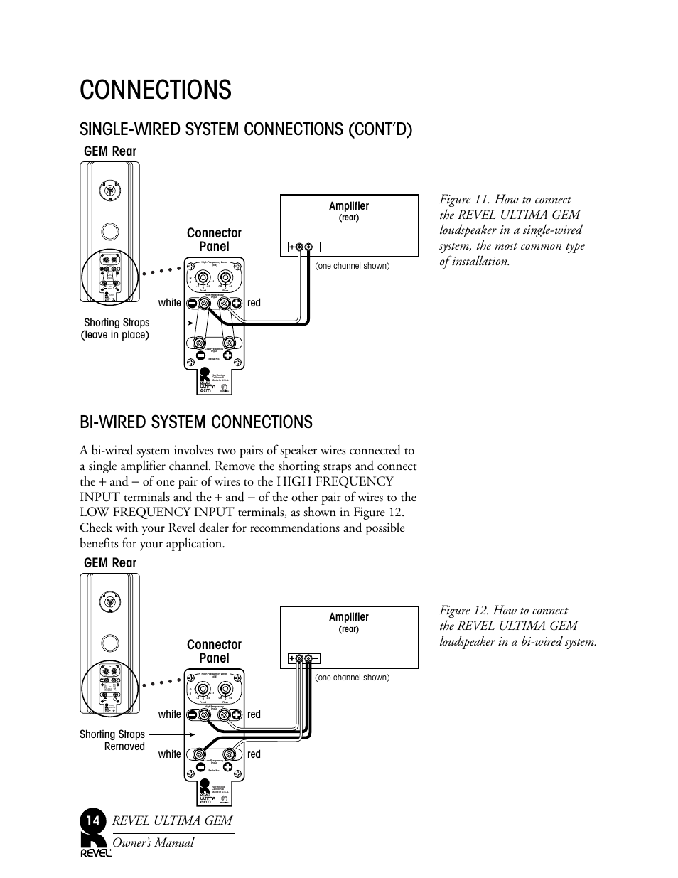Connections, Gem rear connector panel, Red white red white | Shorting straps removed amplifier, Shorting straps (leave in place) red white, Amplifier | Revel Gem User Manual | Page 14 / 24