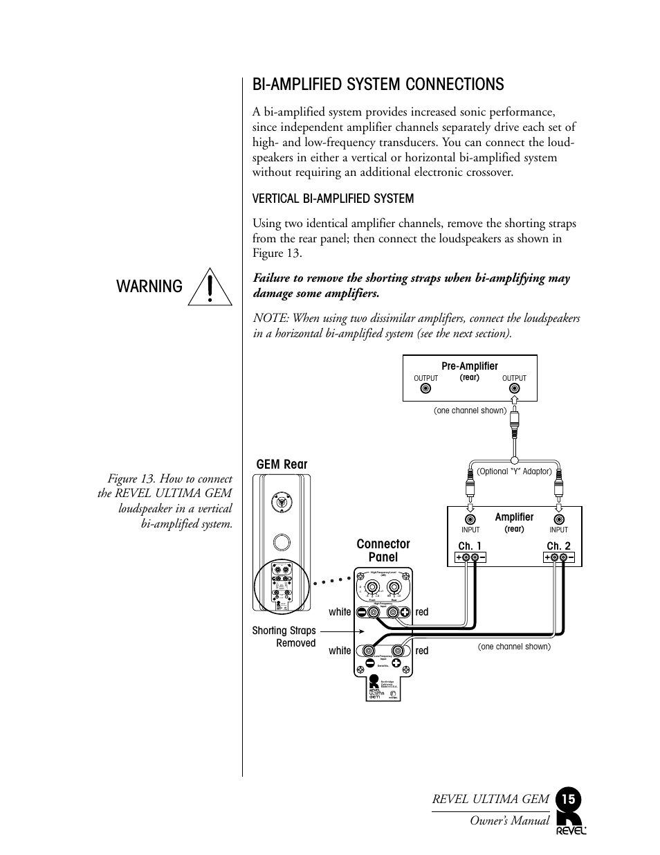 Bi-amplified system connections, Warning, Gem rear connector panel | Revel Gem User Manual | Page 15 / 24