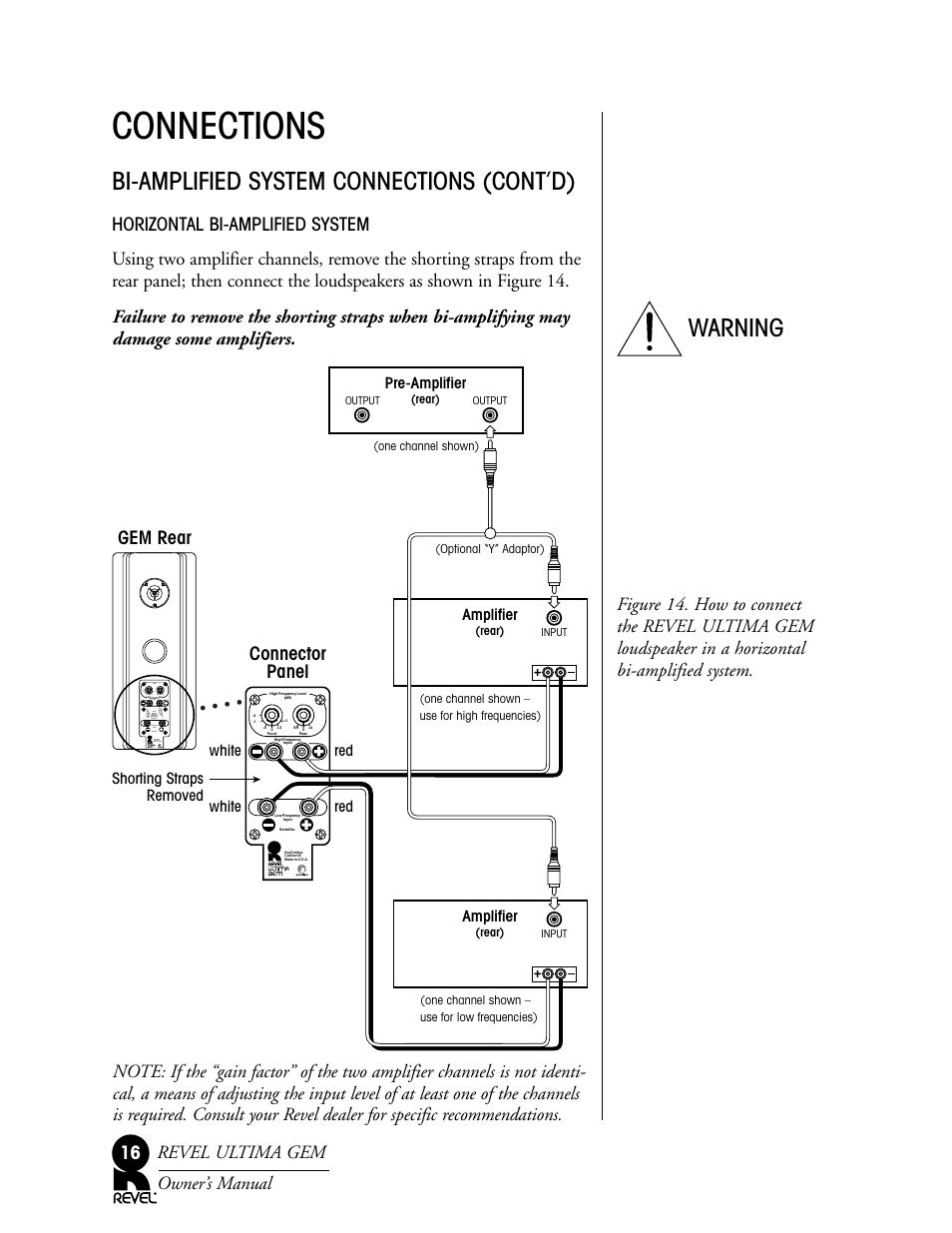 Connections, Bi-amplified system connections (cont’d), Warning | Gem rear connector panel | Revel Gem User Manual | Page 16 / 24