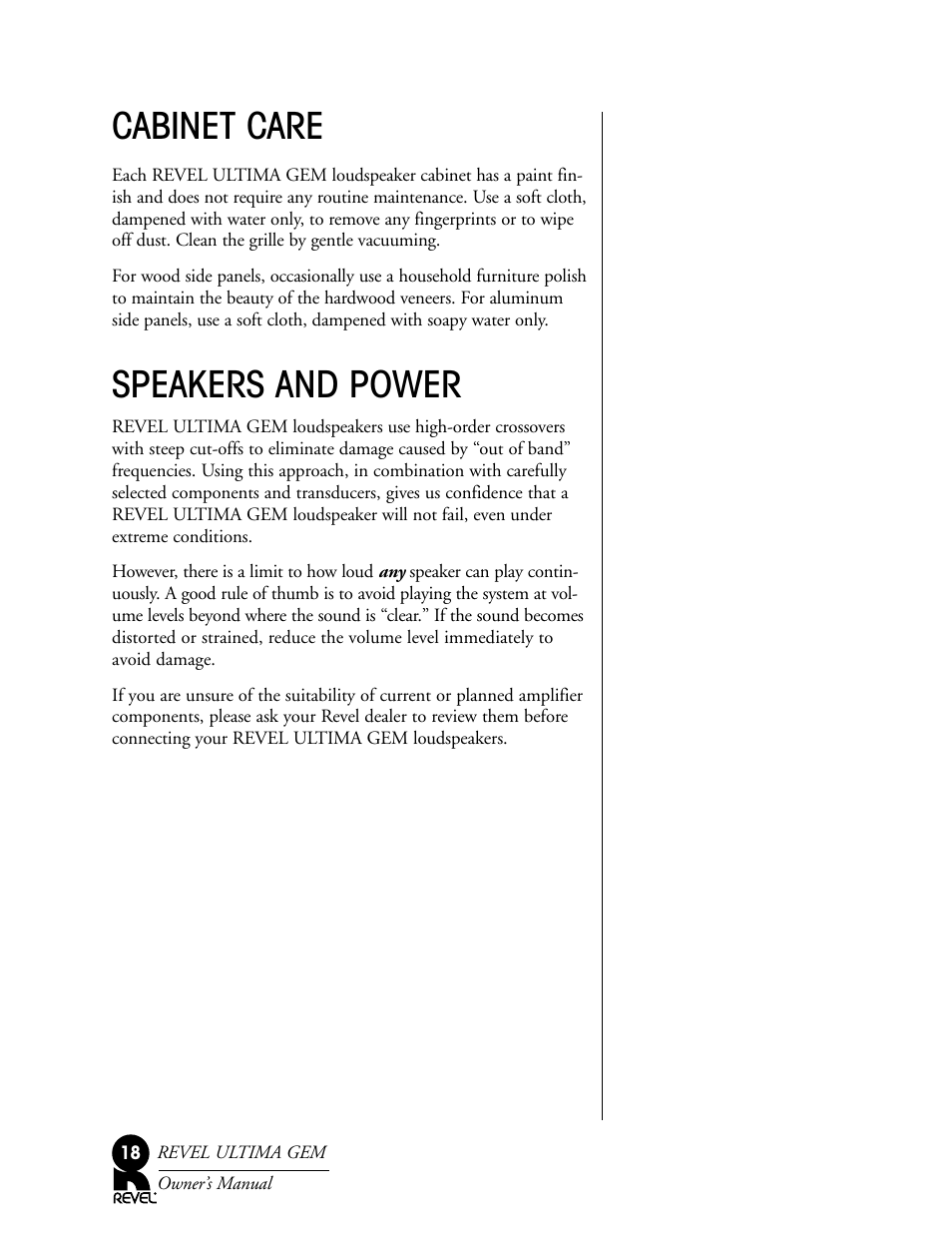 Cabinet care, Speakers and power | Revel Gem User Manual | Page 18 / 24