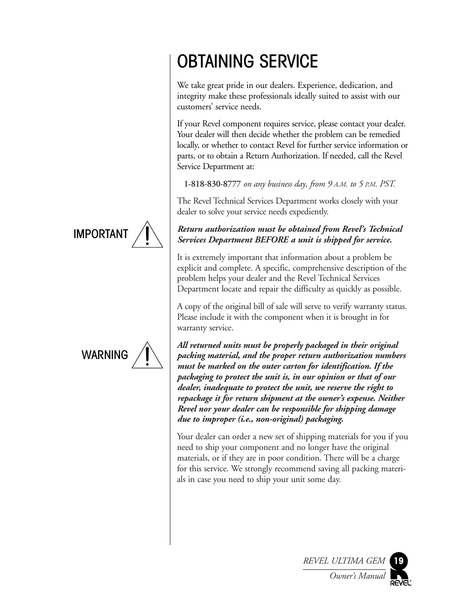 Obtaining service, Important warning | Revel Gem User Manual | Page 19 / 24
