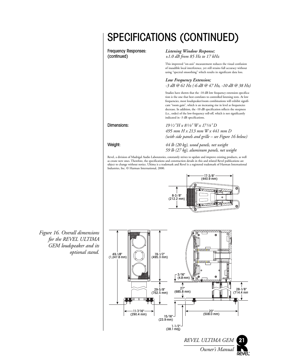 Specifications (continued), Revel ultima gem owner’s manual 21 | Revel Gem User Manual | Page 21 / 24