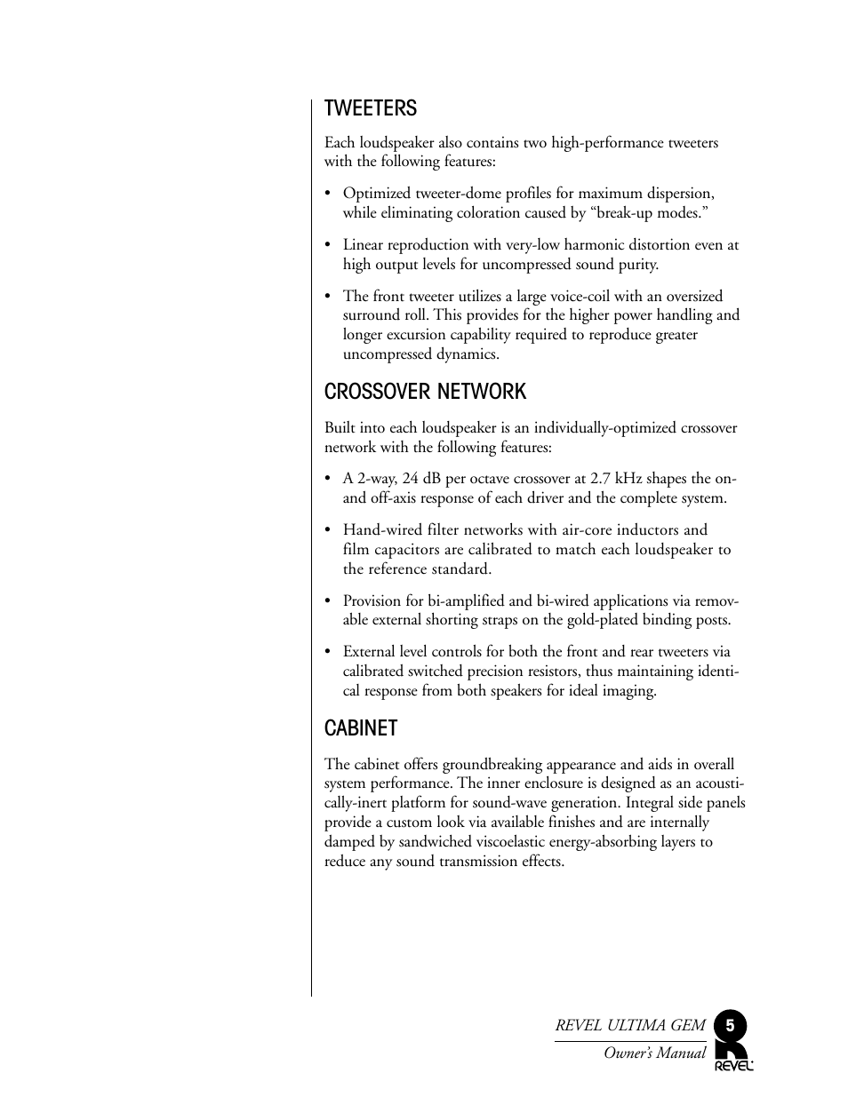 Tweeters, Crossover network, Cabinet | Revel Gem User Manual | Page 5 / 24