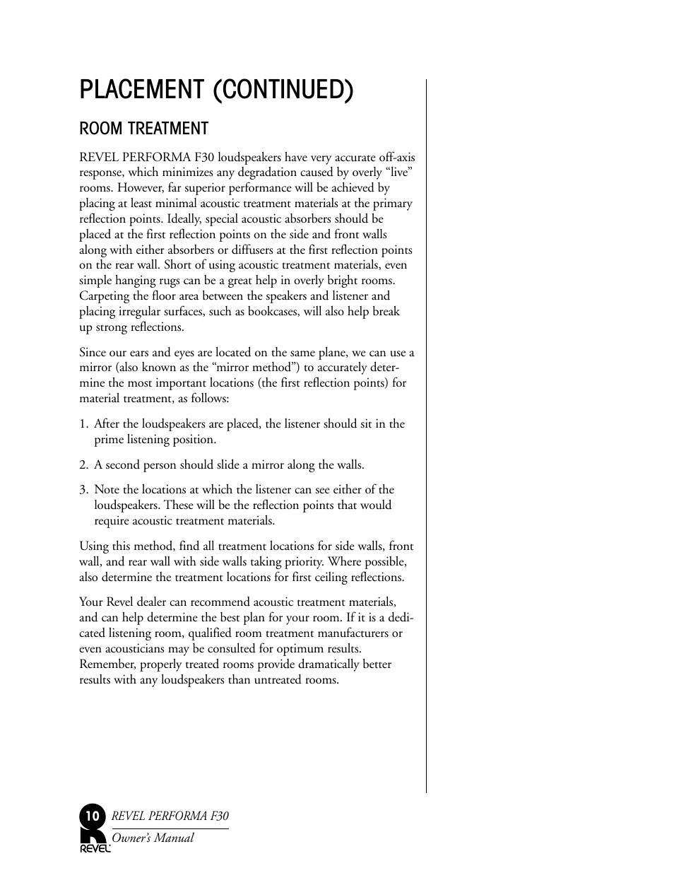 Placement (continued), Room treatment | Revel F30 User Manual | Page 10 / 20