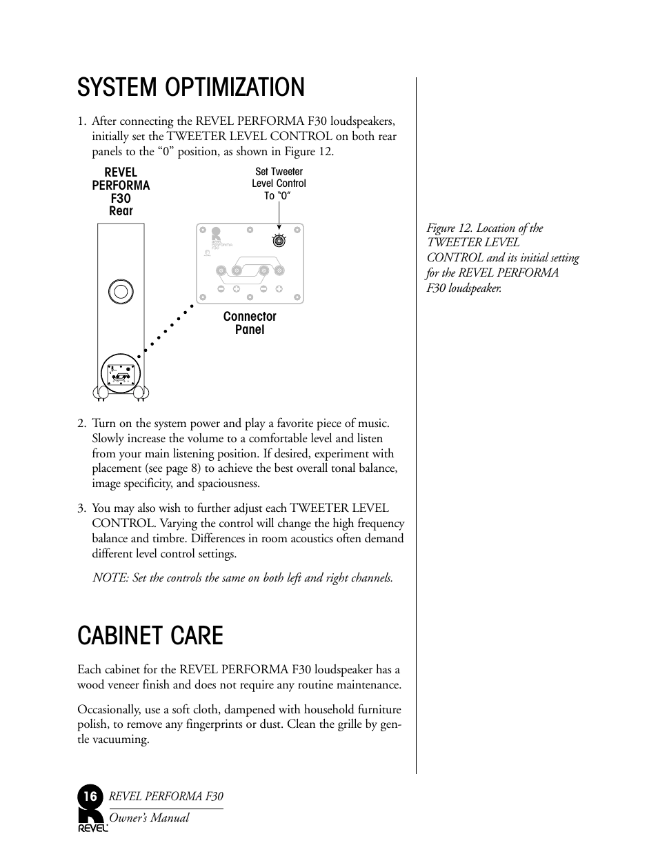 System optimization, Cabinet care, Connector panel | Revel performa f30 rear | Revel F30 User Manual | Page 16 / 20