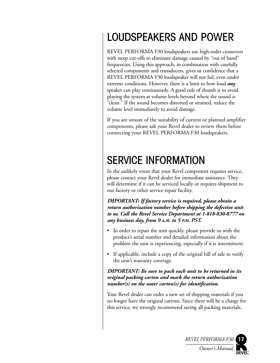 Loudspeakers and power, Service information | Revel F30 User Manual | Page 17 / 20
