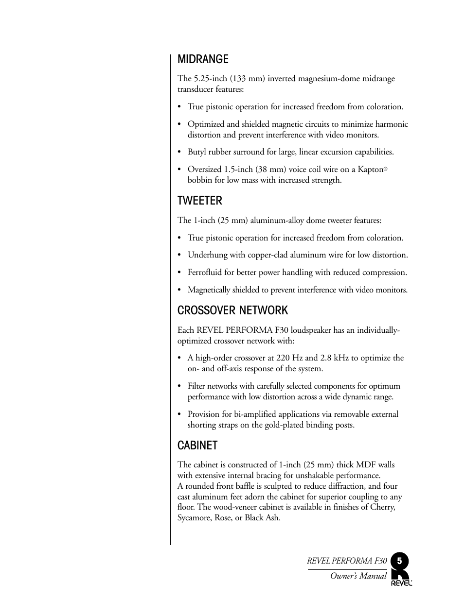 Midrange, Tweeter, Crossover network | Cabinet | Revel F30 User Manual | Page 5 / 20