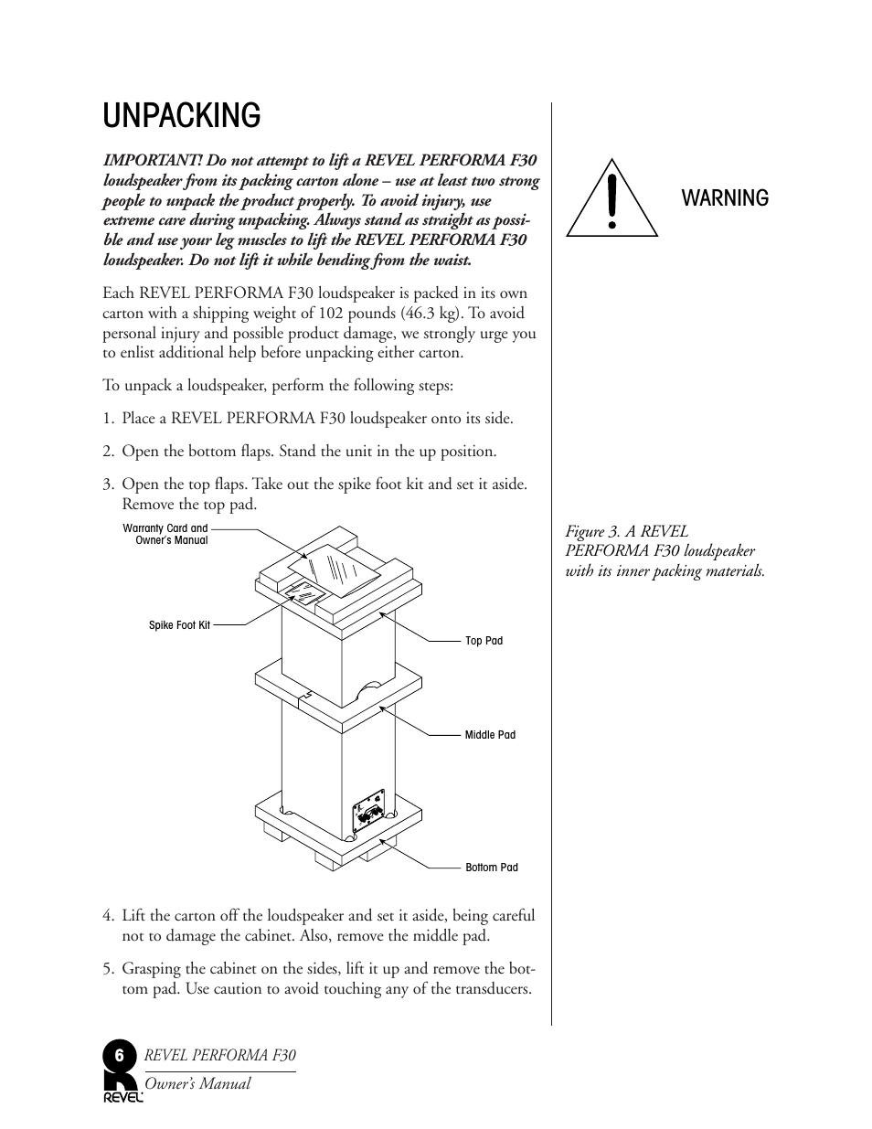 Unpacking, Warning | Revel F30 User Manual | Page 6 / 20