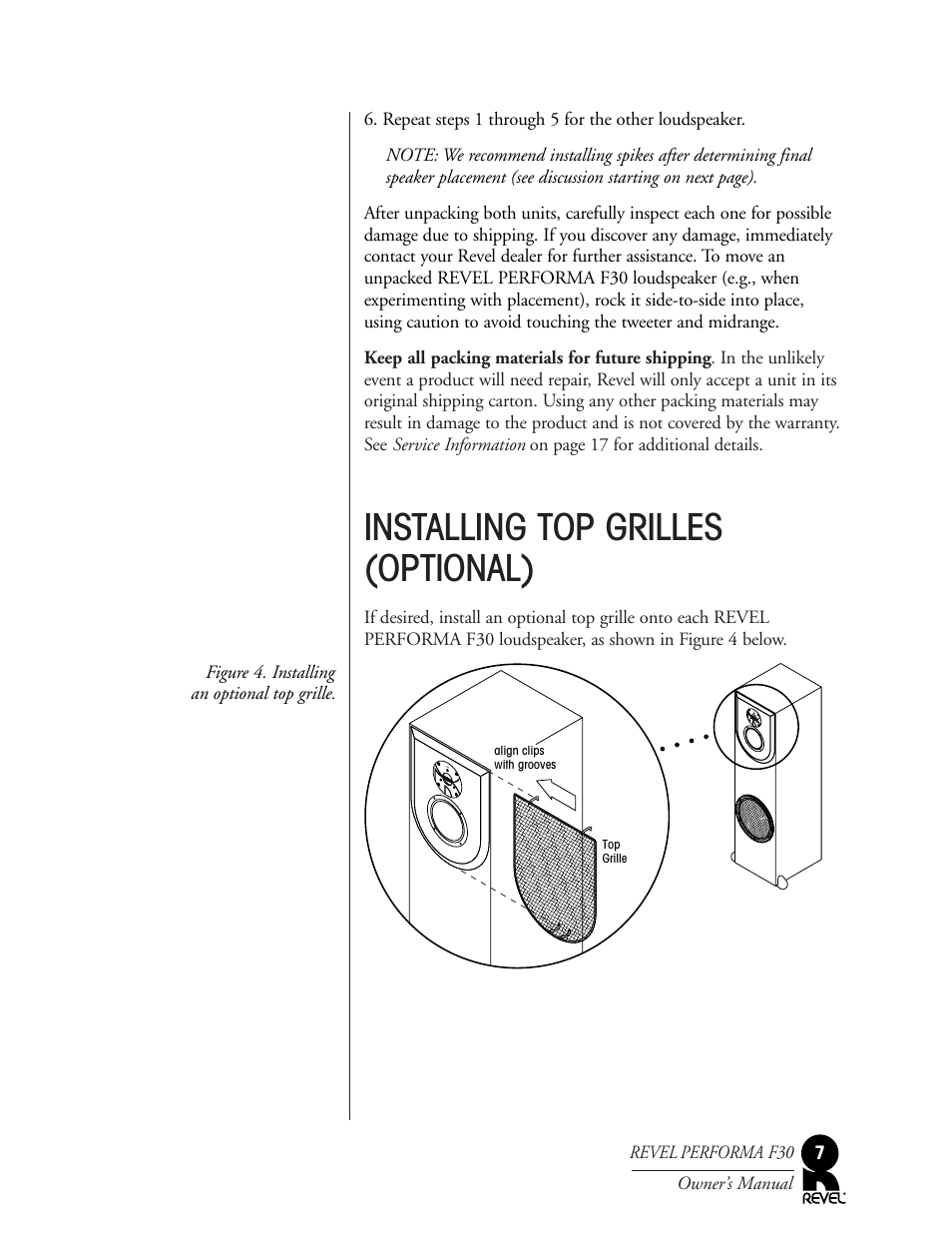 Installing top grilles (optional) | Revel F30 User Manual | Page 7 / 20