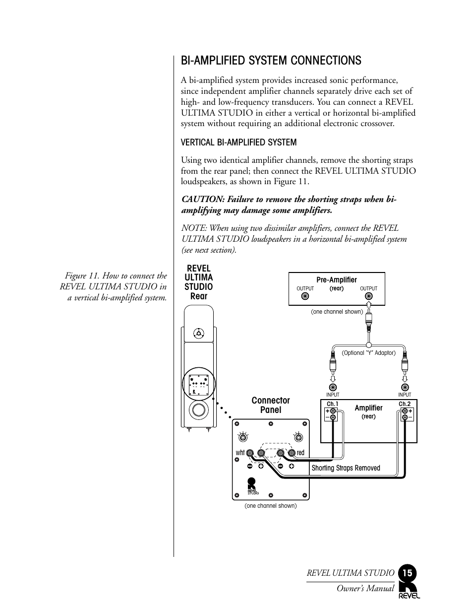 Bi-amplified system connections, Connector panel, Revel ultima studio rear | Revel Salon User Manual | Page 15 / 24