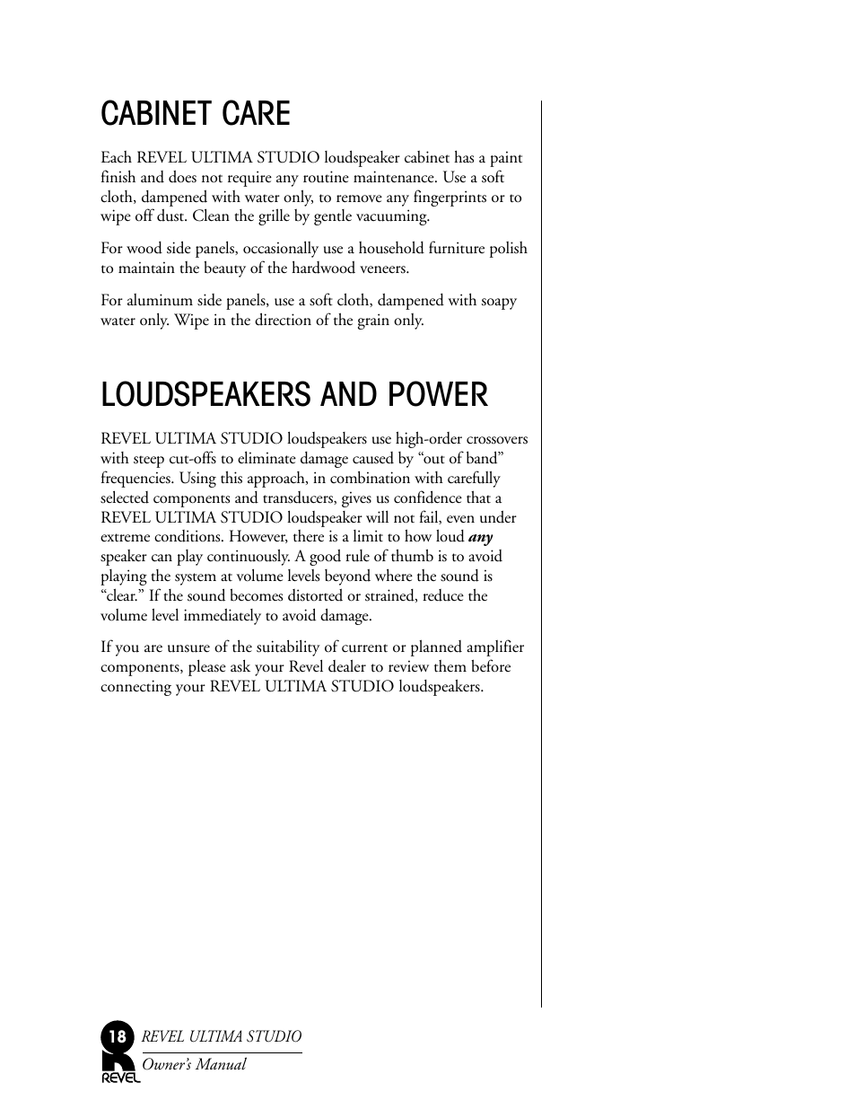 Cabinet care, Loudspeakers and power | Revel Salon User Manual | Page 18 / 24