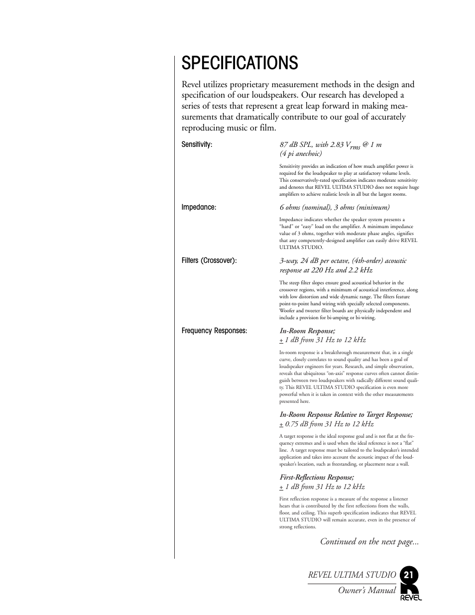 Specifications | Revel Salon User Manual | Page 21 / 24