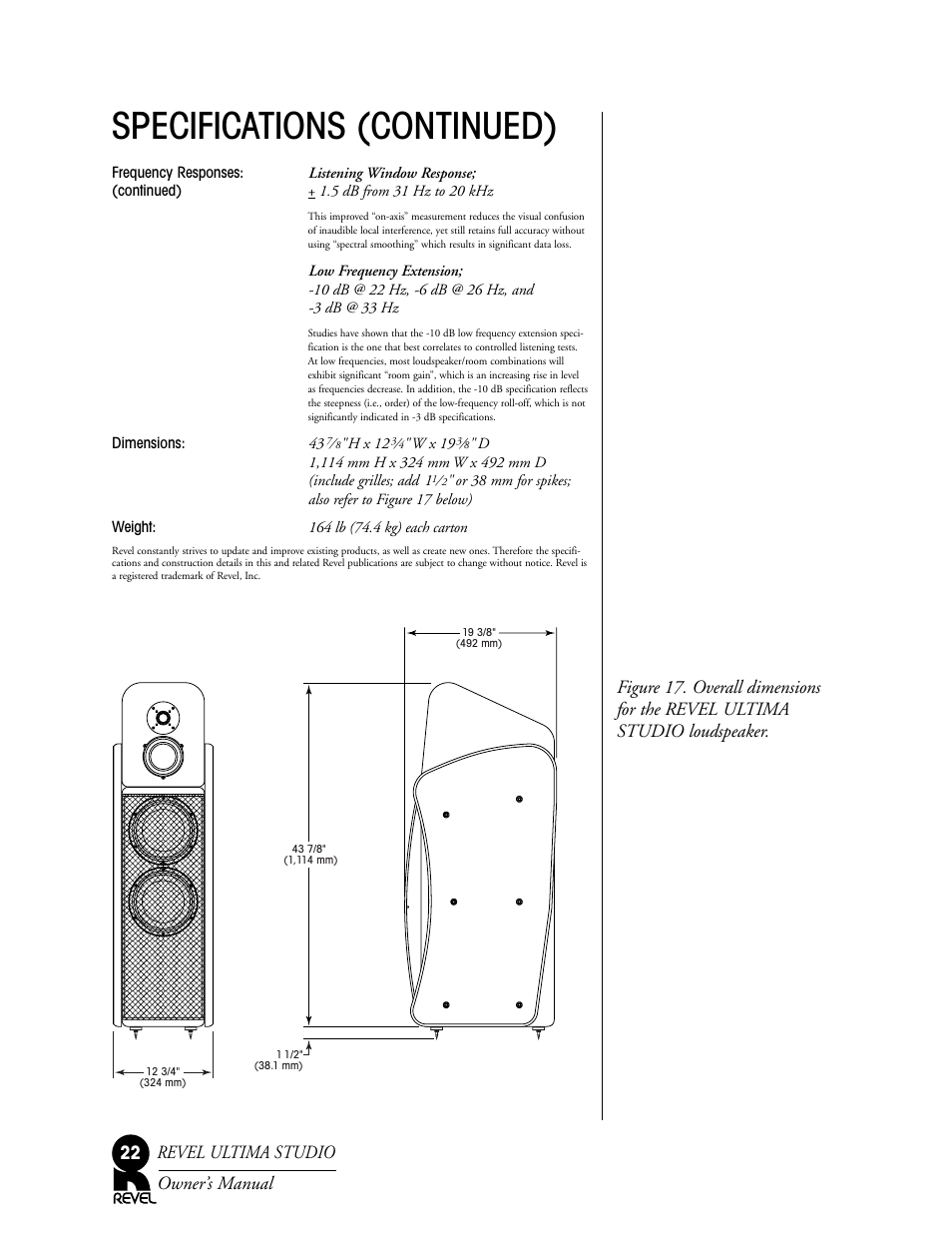 Specifications (continued), Revel ultima studio owner’s manual 22 | Revel Salon User Manual | Page 22 / 24