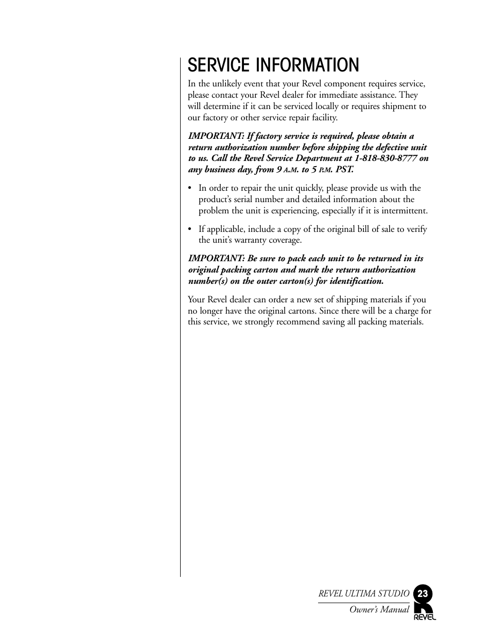 Service information | Revel Salon User Manual | Page 23 / 24