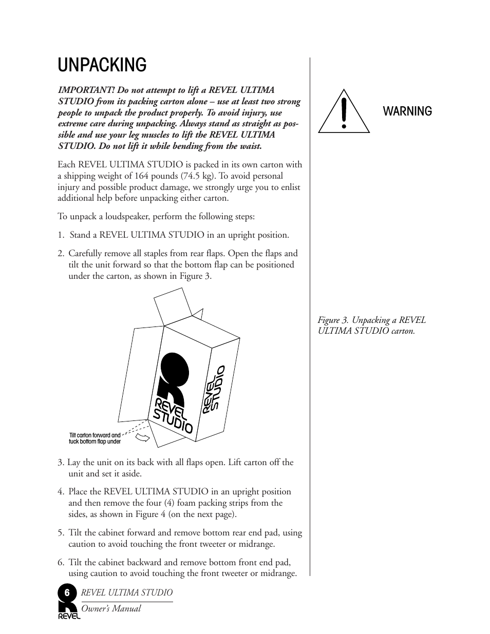Unpacking, Warning | Revel Salon User Manual | Page 6 / 24