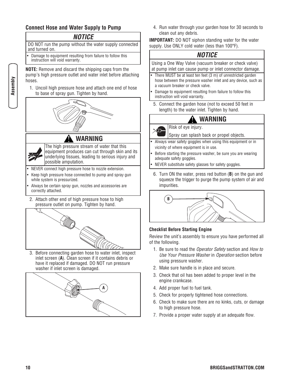 Conecte la manguera y el sum, Connect hose and water supply to pump, Notice | Warning | Briggs & Stratton Model 20272 User Manual | Page 10 / 56