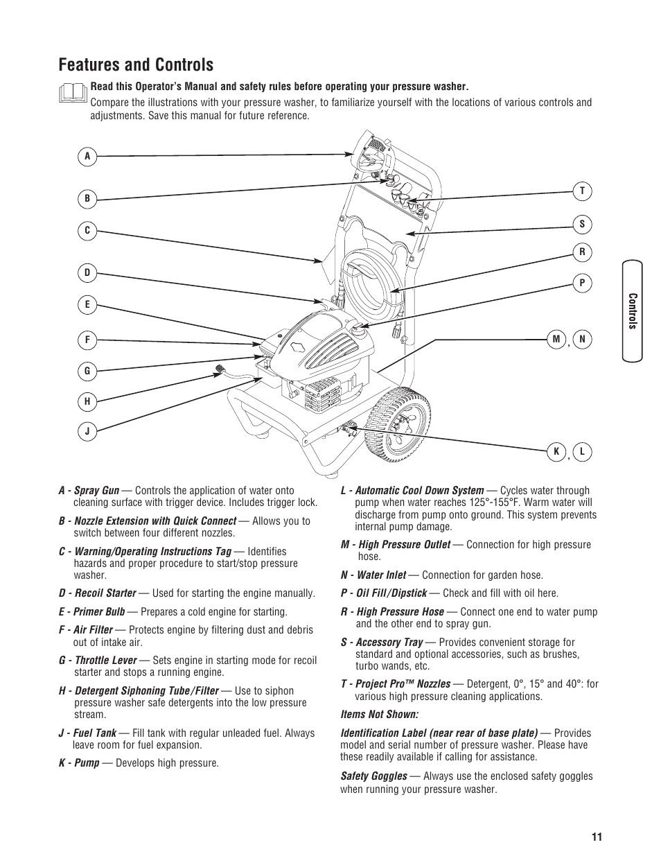 Características y mandos, Features and controls | Briggs & Stratton Model 20272 User Manual | Page 11 / 56