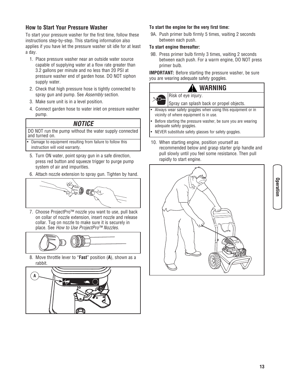 How to start your pressure washer, Notice, Warning | Briggs & Stratton Model 20272 User Manual | Page 13 / 56
