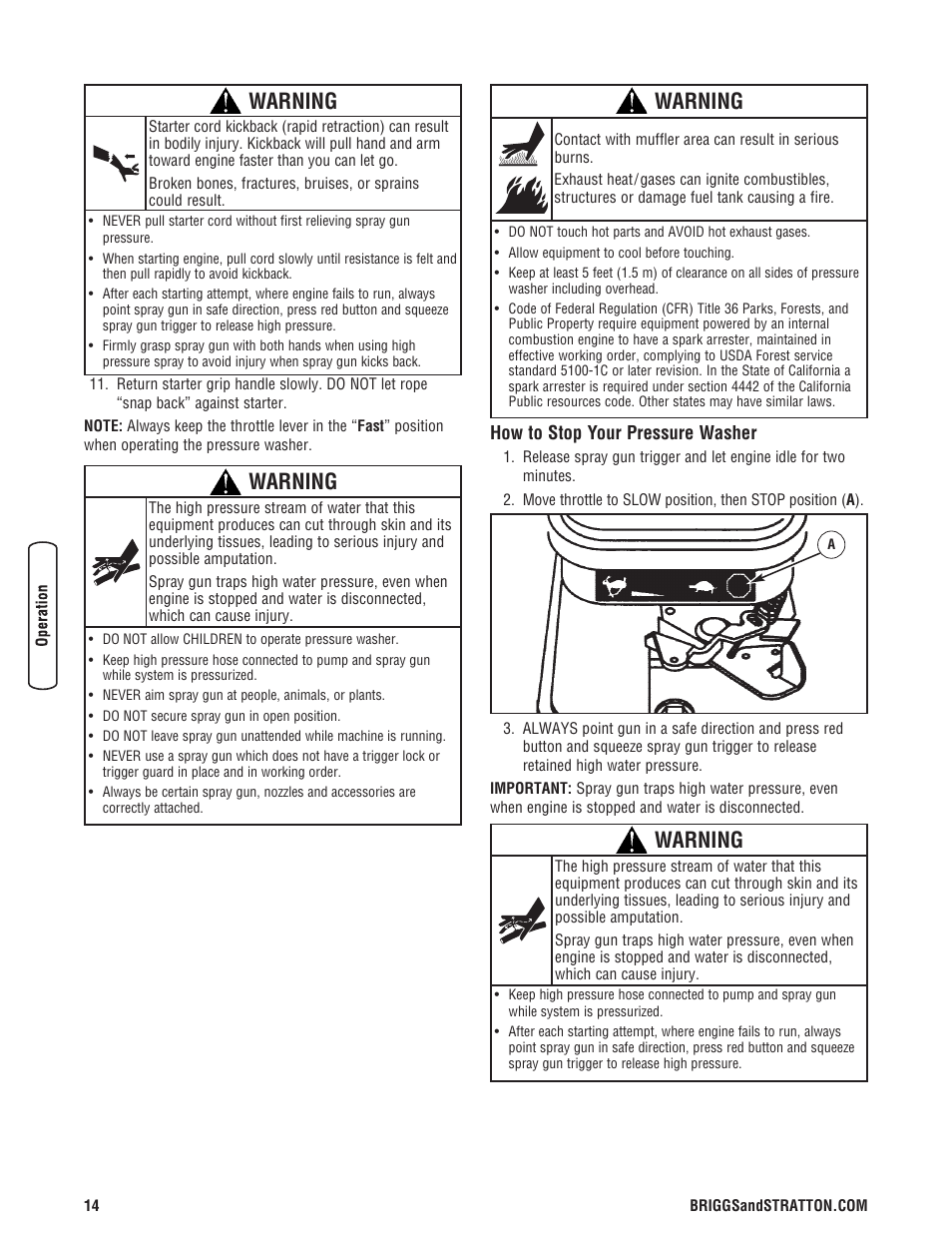 Cómo detener su máquina limp, Utilización de la bandeja de, How to stop your pressure washer | Warning | Briggs & Stratton Model 20272 User Manual | Page 14 / 56