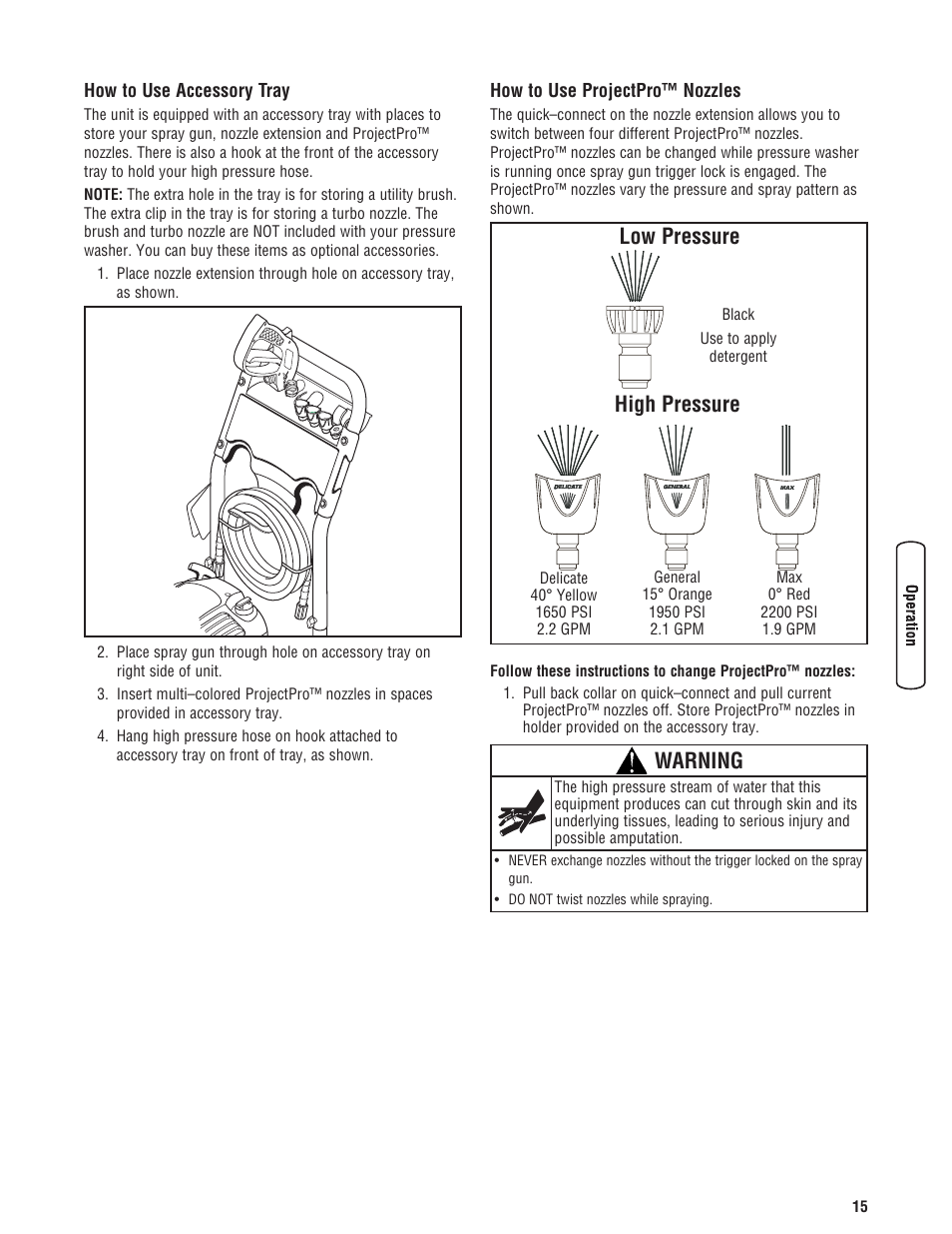 Cómo usar las boquillas proj, Low pressure high pressure warning | Briggs & Stratton Model 20272 User Manual | Page 15 / 56