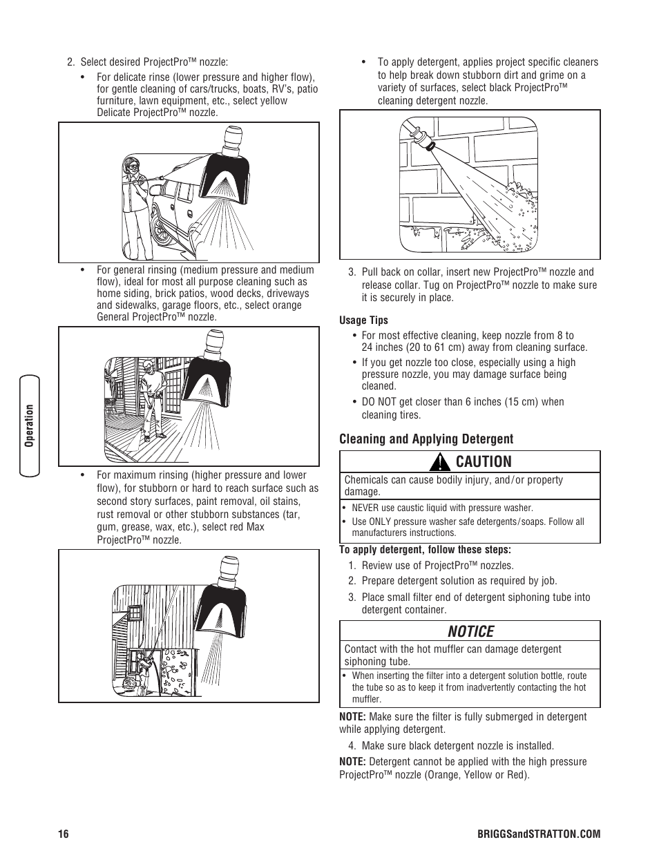 Limpieza y aplicación del de, Enjuage de la máquina limpia, Cleaning and applying detergent | Notice, Caution | Briggs & Stratton Model 20272 User Manual | Page 16 / 56