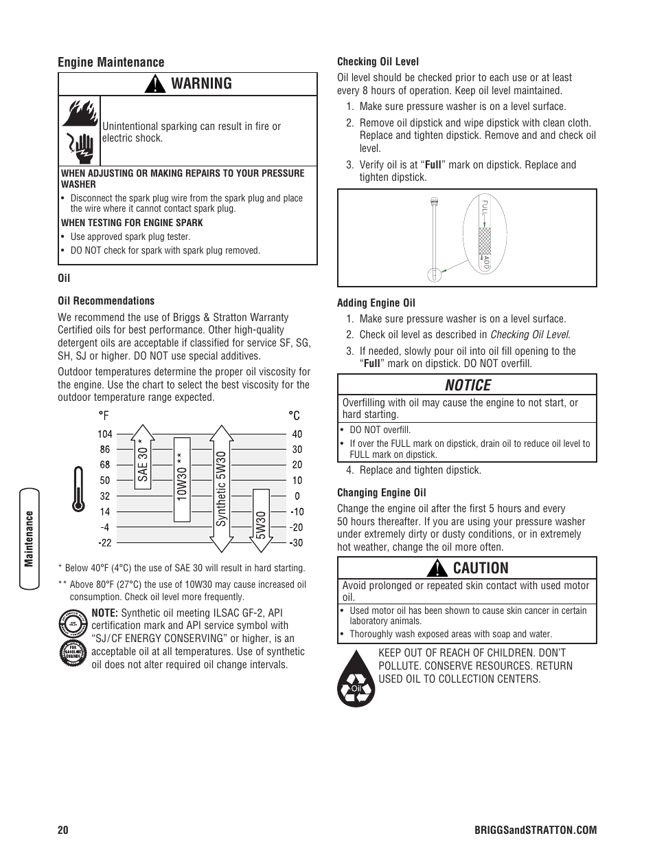 Mantenimiento del motor, Engine maintenance, Notice | Caution, Warning | Briggs & Stratton Model 20272 User Manual | Page 20 / 56