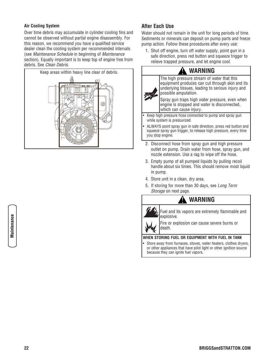 Despues de cada uso, After each use, Warning | Briggs & Stratton Model 20272 User Manual | Page 22 / 56