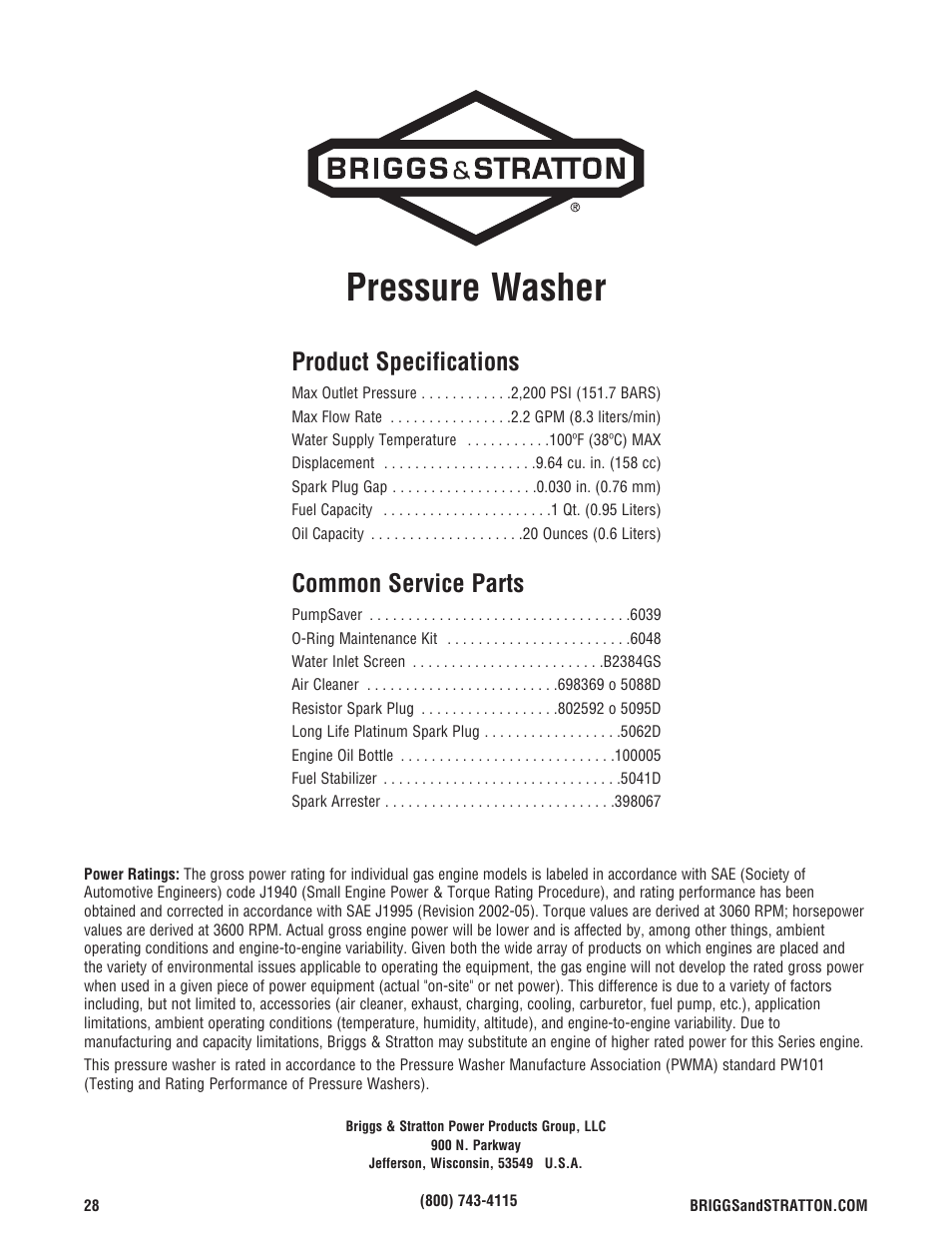 Pressure washer, Product specifications, Common service parts | Briggs & Stratton Model 20272 User Manual | Page 28 / 56