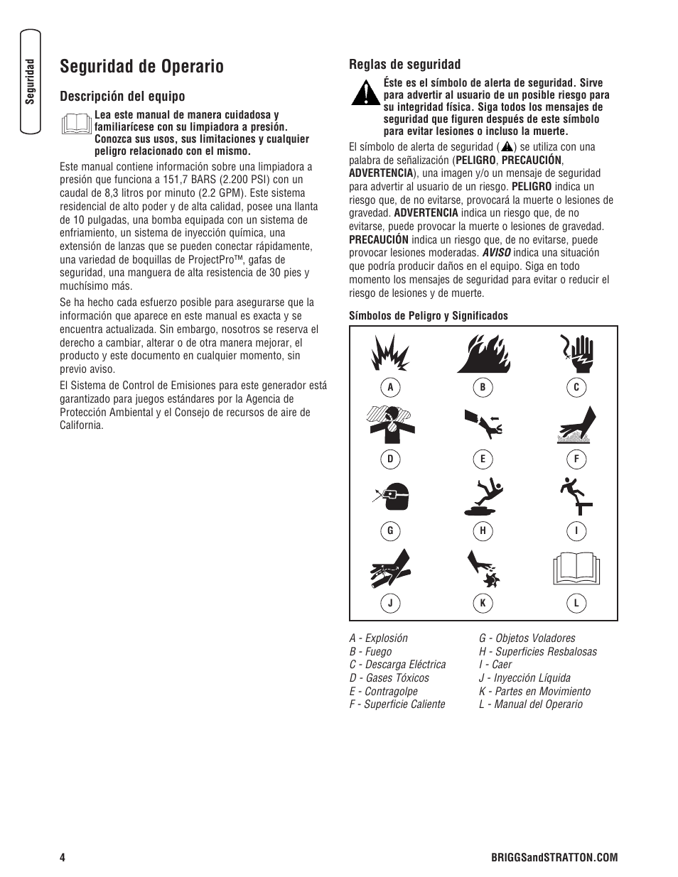 Seguridad de operario | Briggs & Stratton Model 20272 User Manual | Page 32 / 56