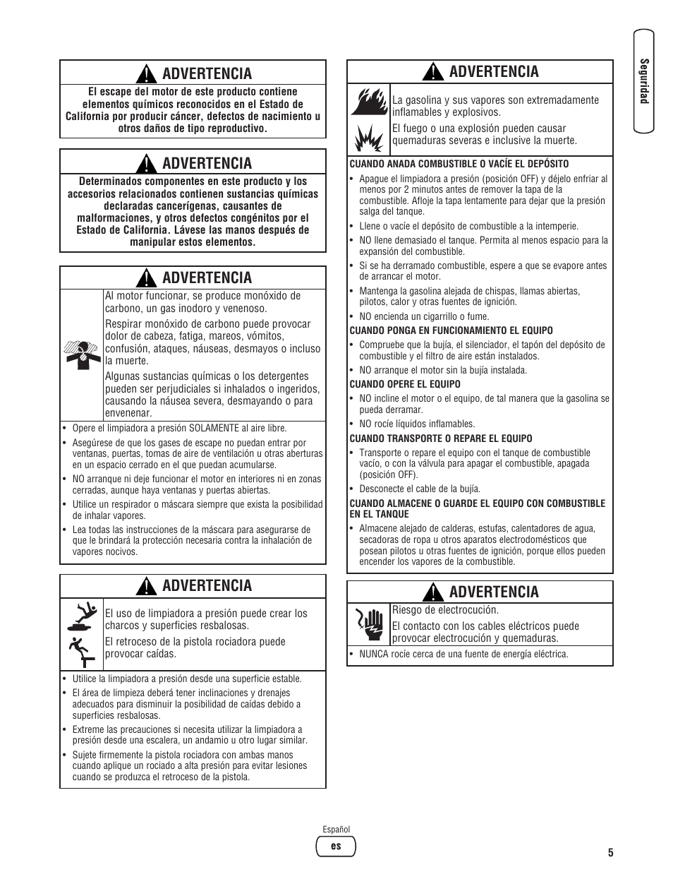 Advertencia | Briggs & Stratton Model 20272 User Manual | Page 33 / 56