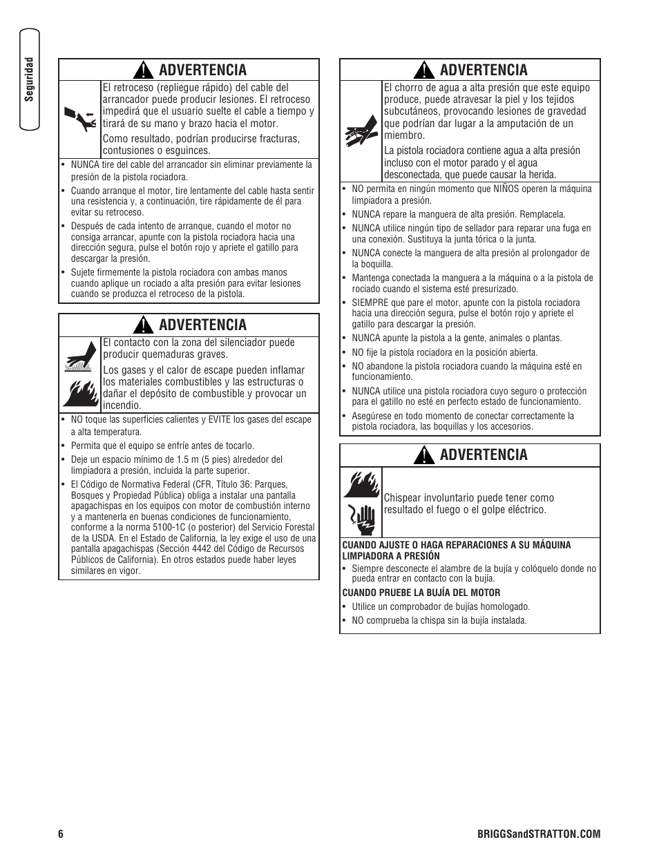 Advertencia | Briggs & Stratton Model 20272 User Manual | Page 34 / 56