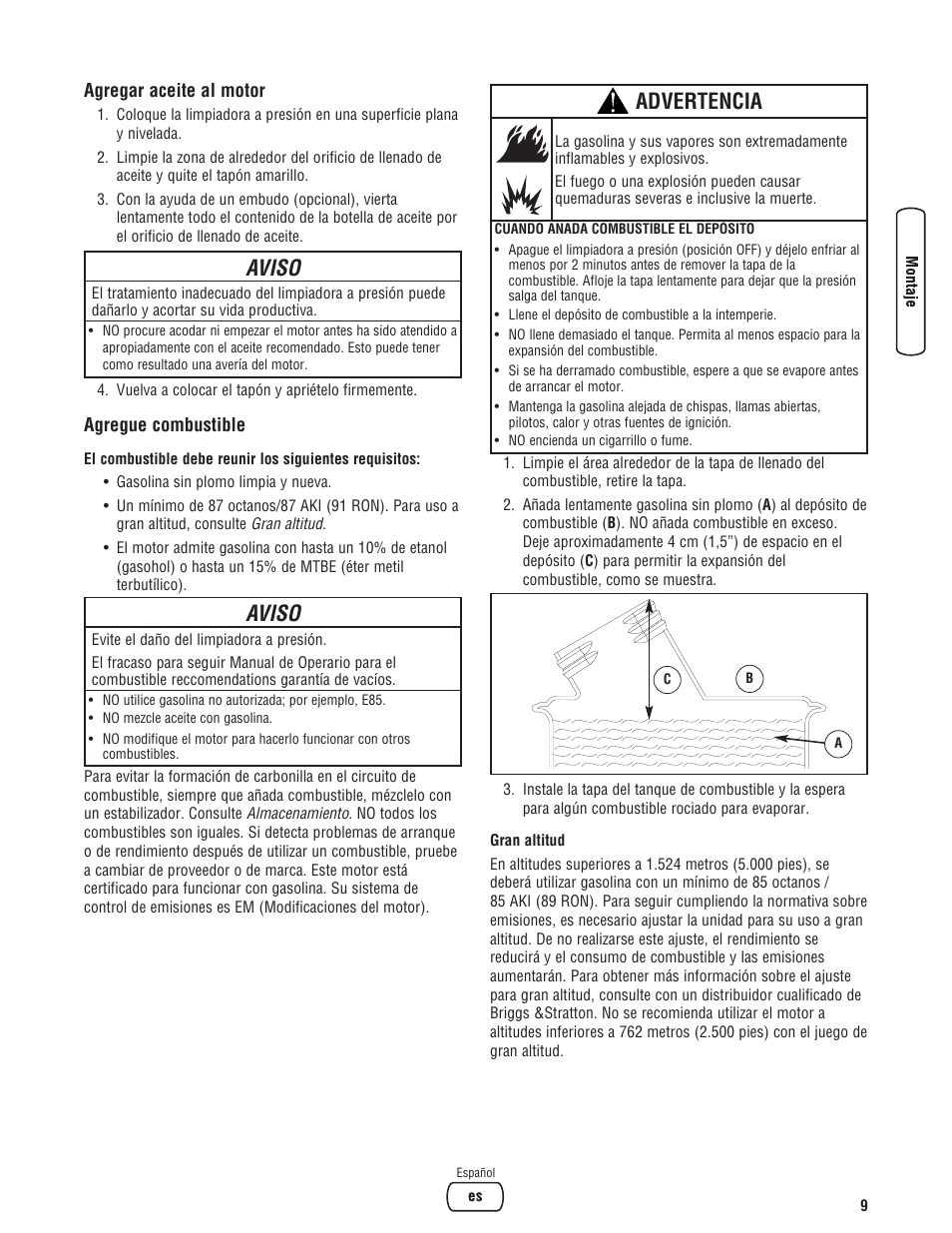 Aviso, Advertencia | Briggs & Stratton Model 20272 User Manual | Page 37 / 56