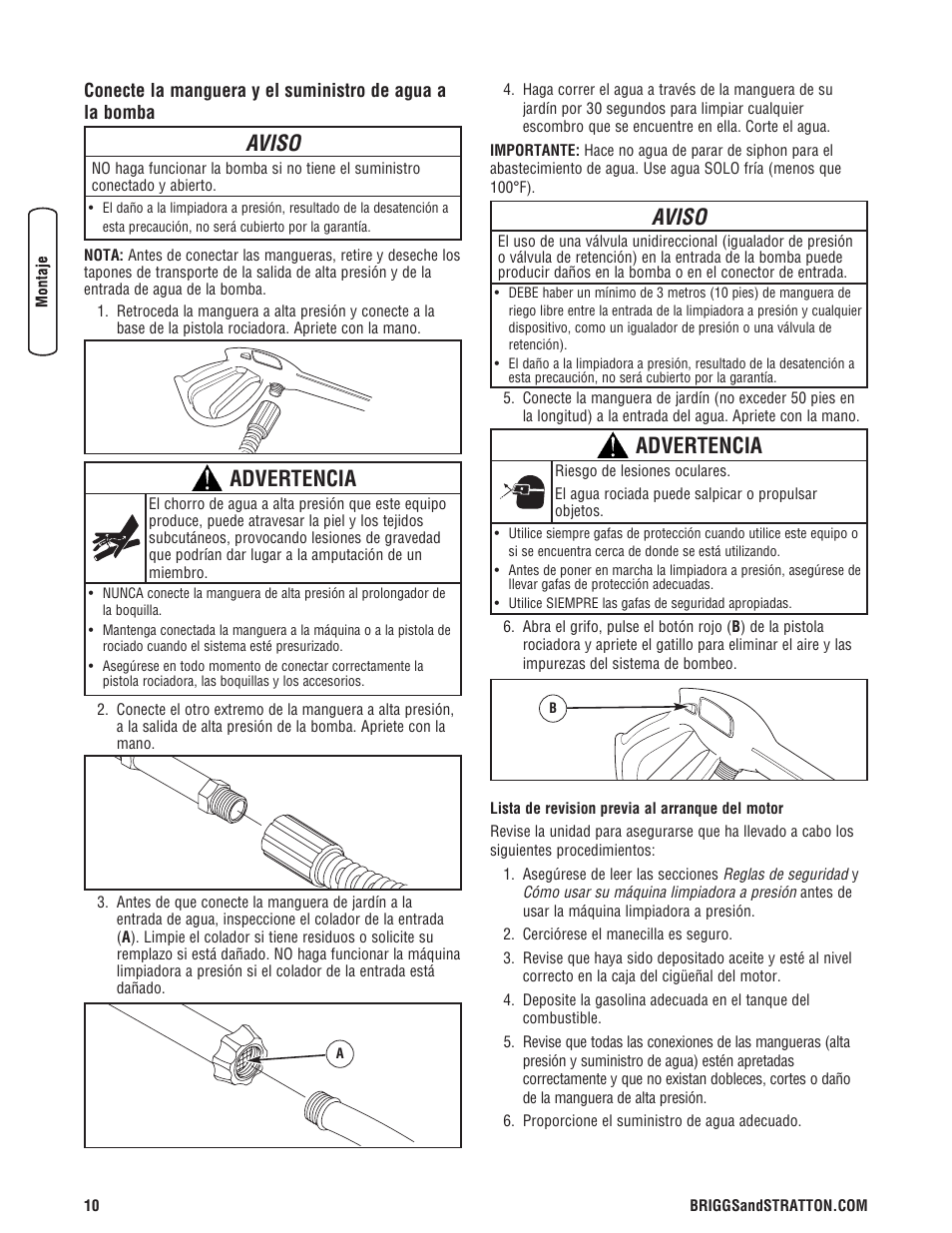 Aviso, Advertencia | Briggs & Stratton Model 20272 User Manual | Page 38 / 56