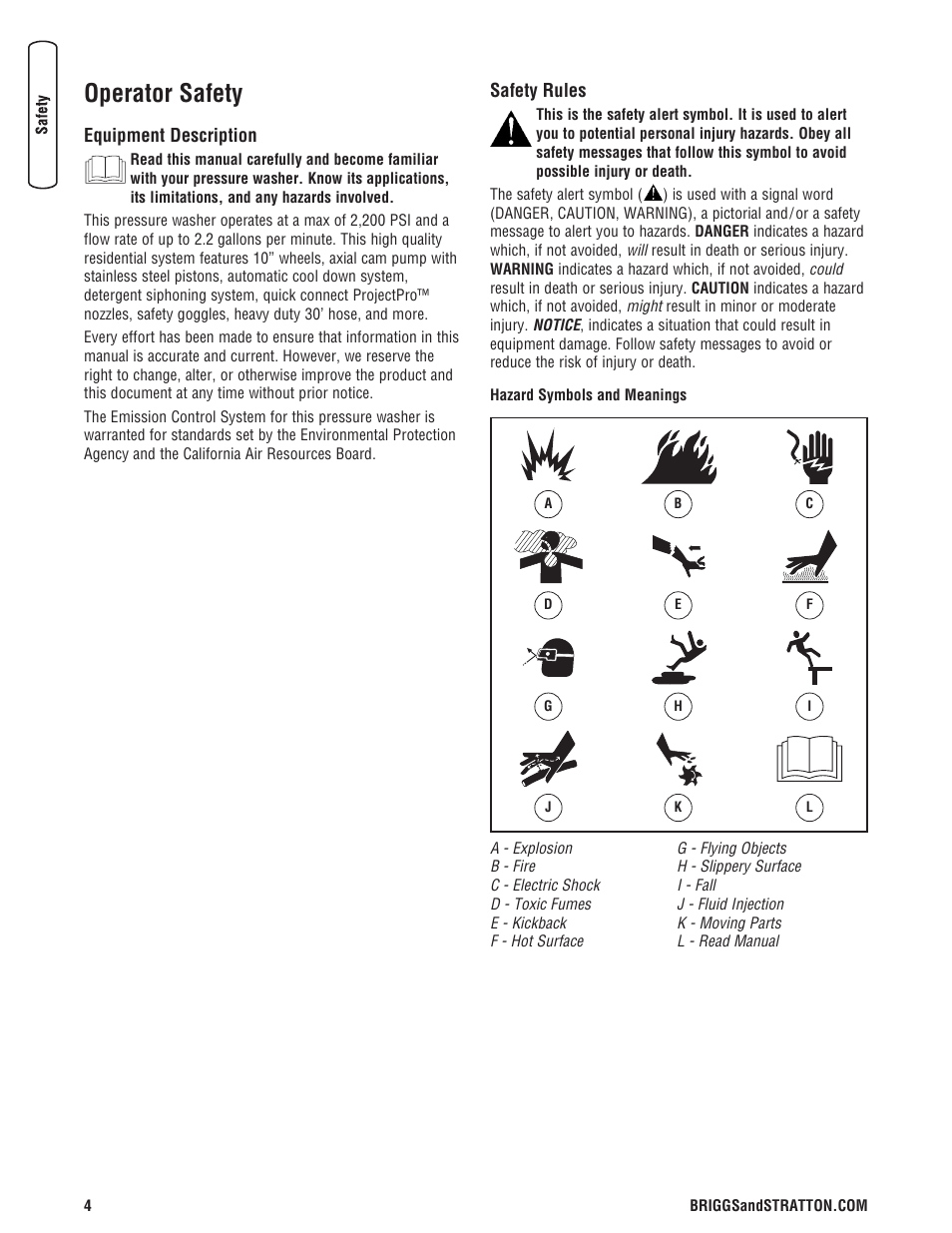 Seguridad de operario, Descripción del equipo, Reglas de seguridad | Operator safety, Equipment description safety rules | Briggs & Stratton Model 20272 User Manual | Page 4 / 56