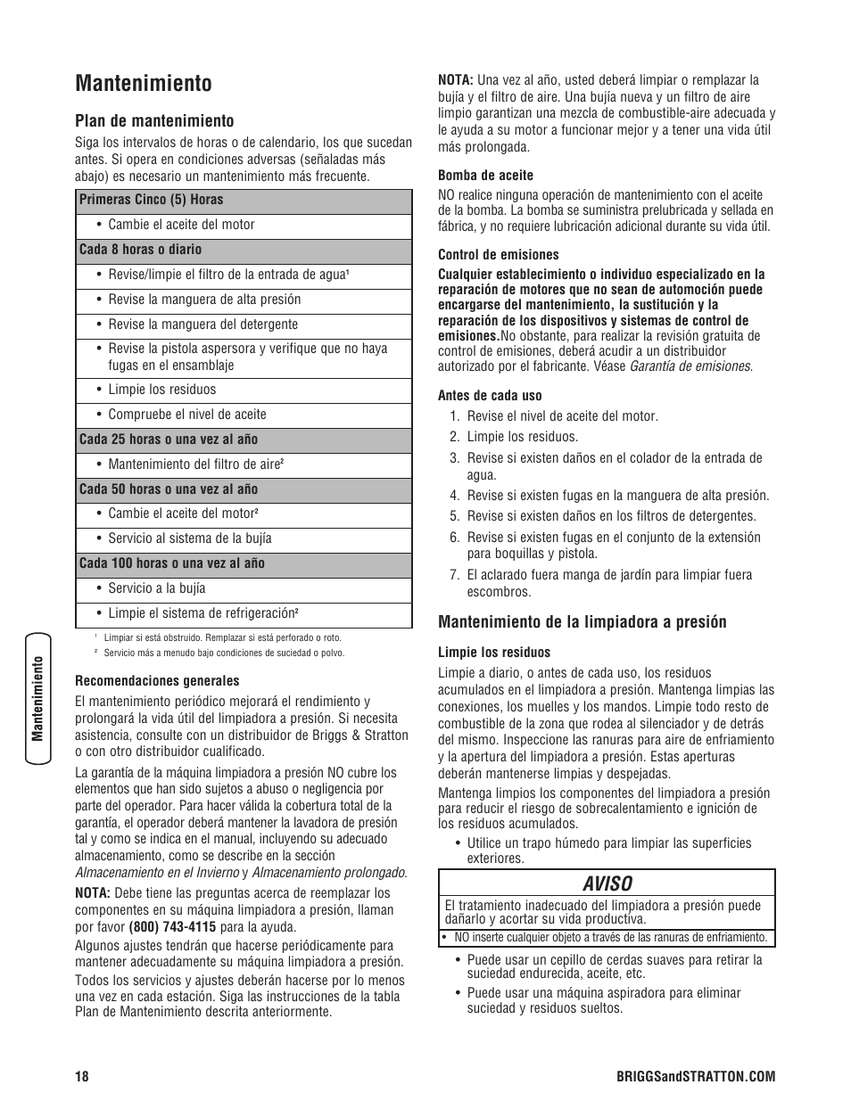 Mantenimiento, Aviso, Plan de mantenimiento | Mantenimiento de la limpiadora a presión | Briggs & Stratton Model 20272 User Manual | Page 46 / 56
