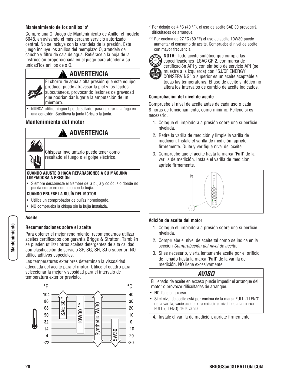 Advertencia, Aviso | Briggs & Stratton Model 20272 User Manual | Page 48 / 56