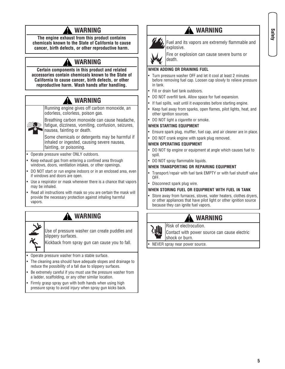 Warning | Briggs & Stratton Model 20272 User Manual | Page 5 / 56