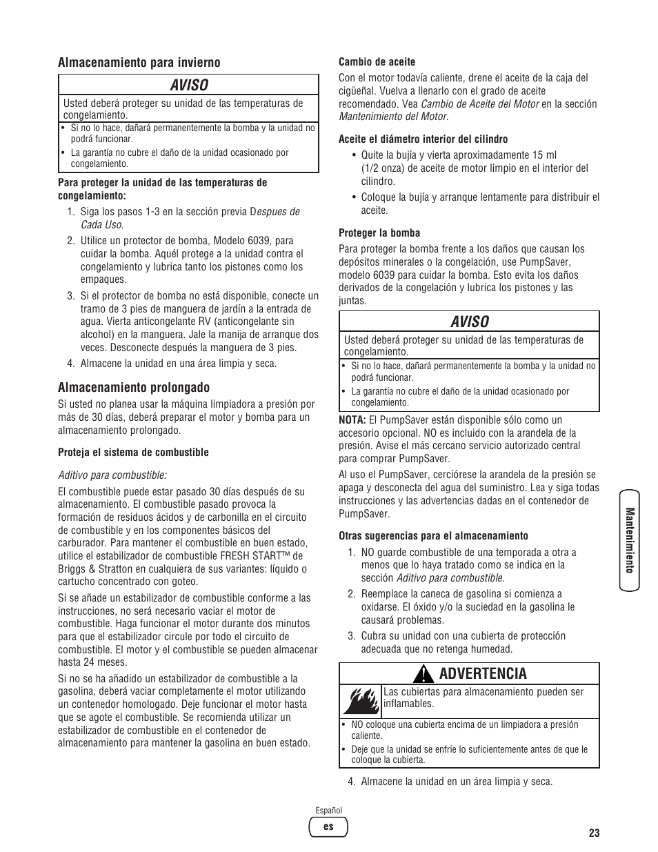 Aviso, Advertencia | Briggs & Stratton Model 20272 User Manual | Page 51 / 56