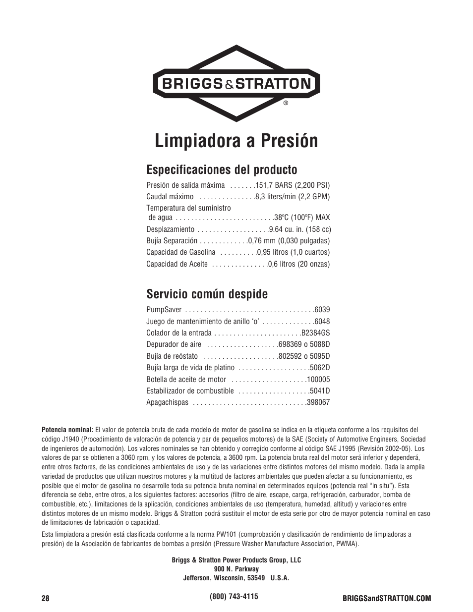 Limpiadora a presión, Especificaciones del producto, Servicio común despide | Briggs & Stratton Model 20272 User Manual | Page 56 / 56