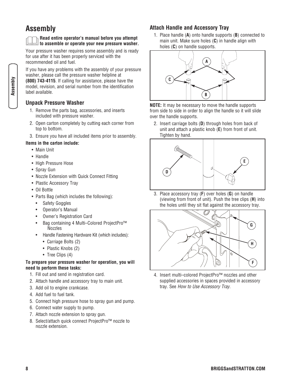 Montaje, Desembale la limpiadora a pr, Conecte el manubrio y bandej | Assembly | Briggs & Stratton Model 20272 User Manual | Page 8 / 56