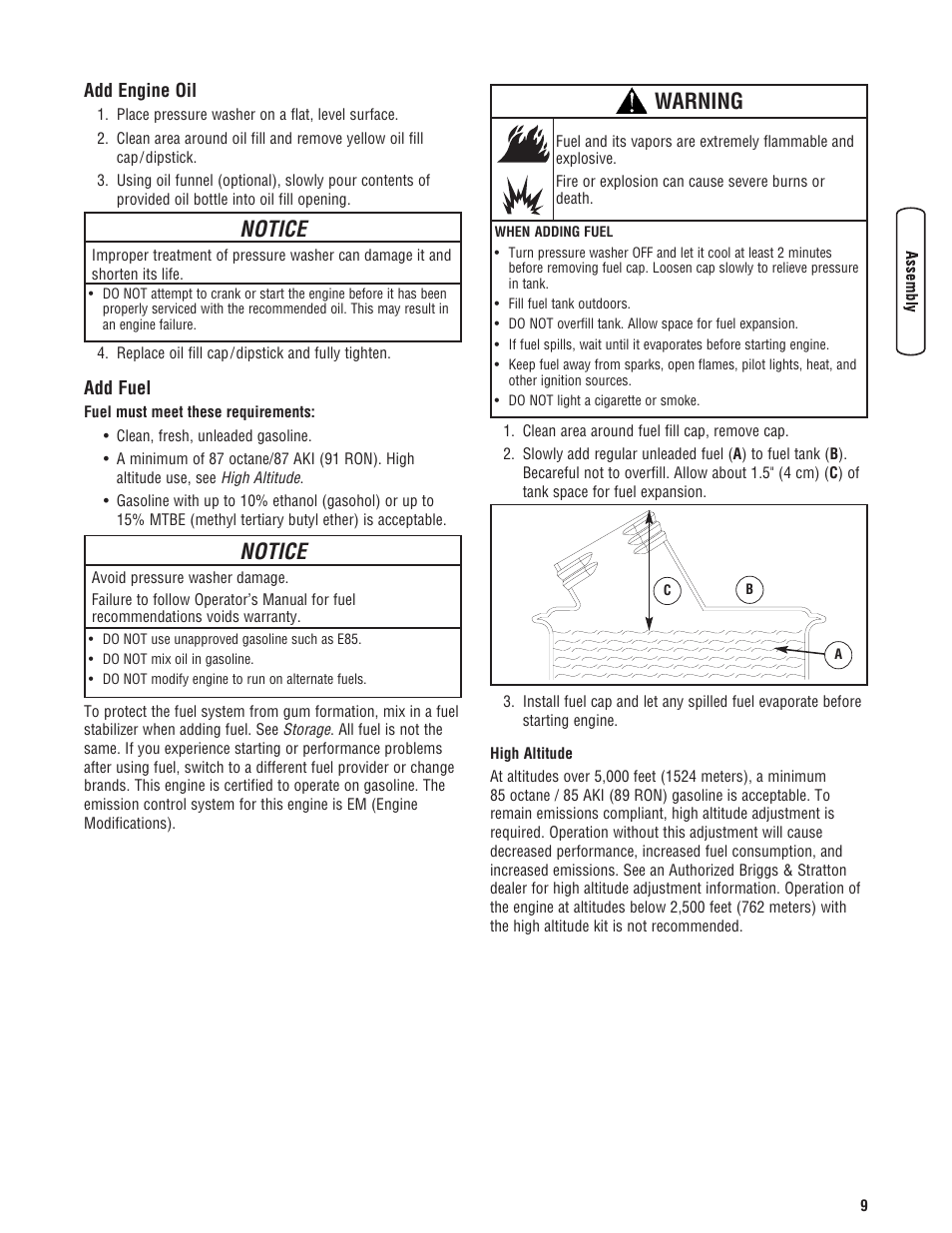Agregar aceite al motor, Agregue combustible, Add engine oil add fuel | Notice, Warning | Briggs & Stratton Model 20272 User Manual | Page 9 / 56